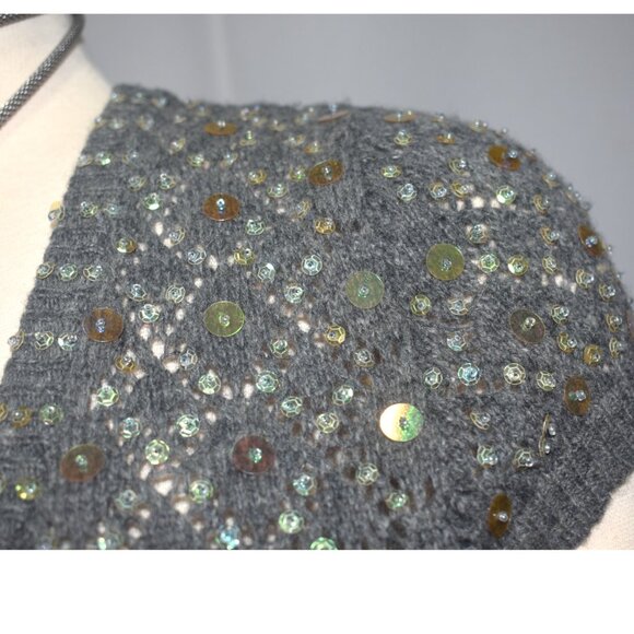 Vintage Y2K 2000s Bolero Knit Cardigan Cropped Wool Blend Sequins Gray M - Picture 2 of 7